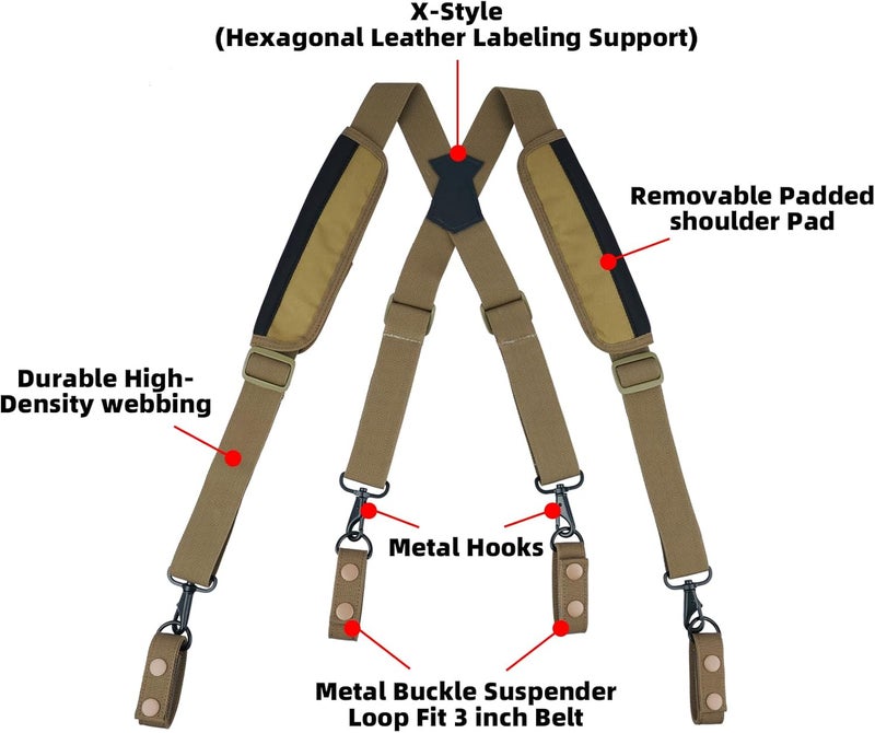 KUNN Tactical Duty Belt Suspenders with Metal Hook,Men Padded Police Harness for Duty Belt,Khaki - Image 4